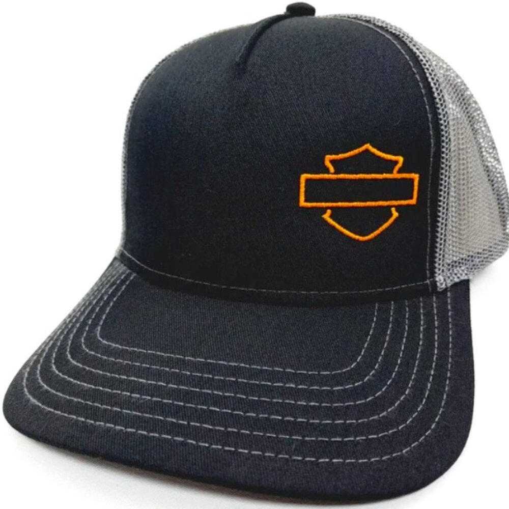 Harley Davidson Shield Off Set On Black And Gray Mesh Snapback Hat Cap